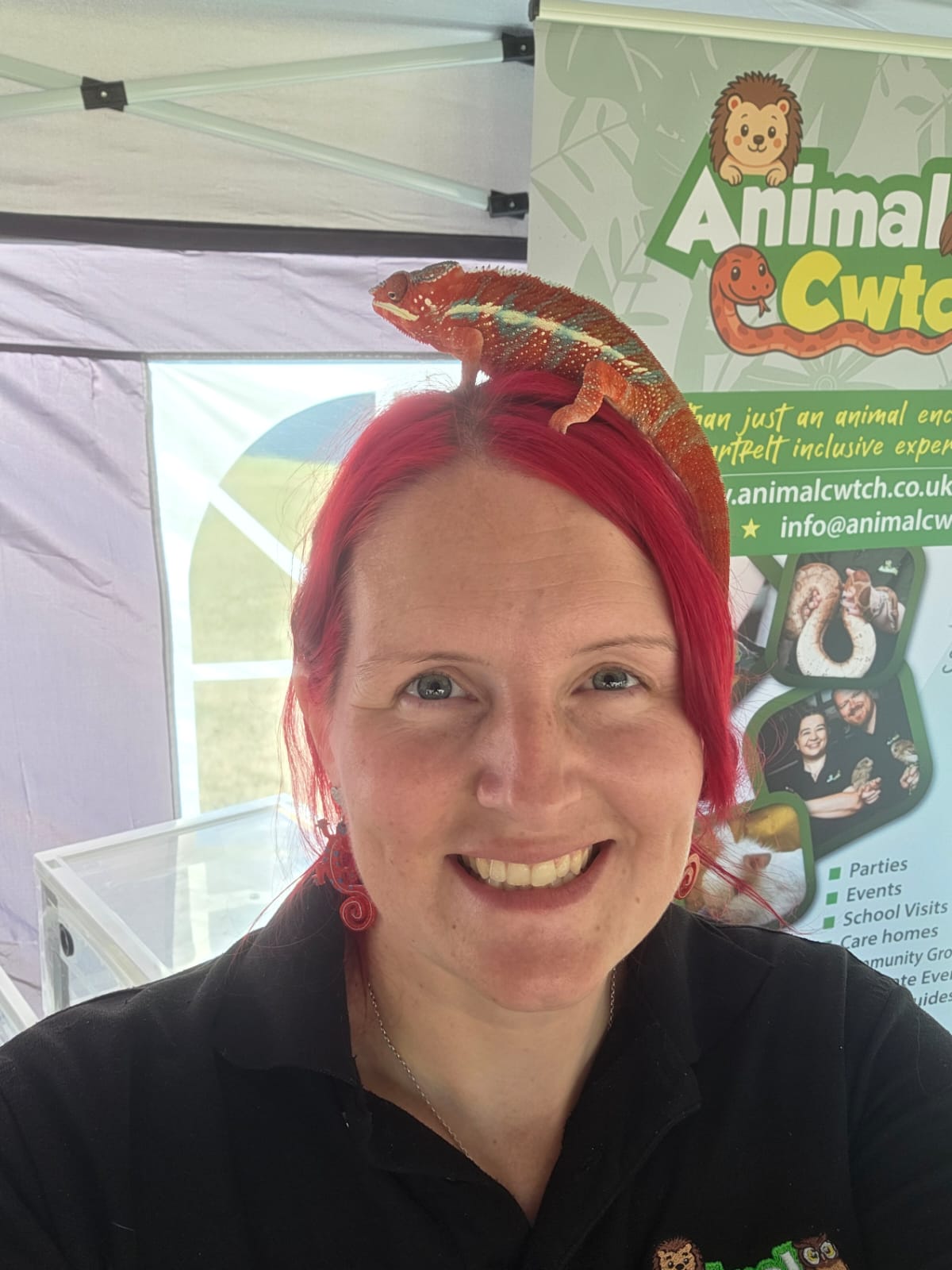 Gemma, animal educator, with Barry the chameleon